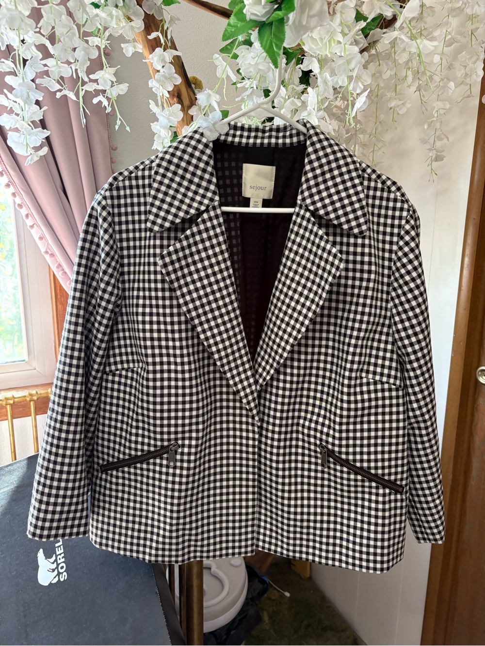 Sejour Black & White Gingham Blazer Jacket - Zip Pocket Detail